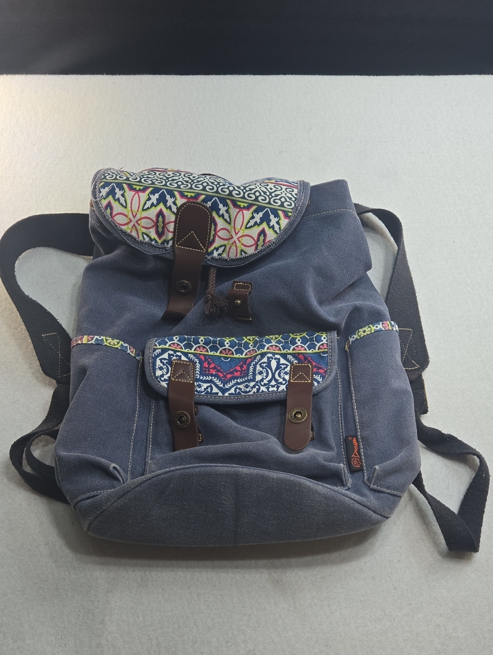 Douguyan Women's Navy Canvas Backpack with Multicolor Pattern Trim